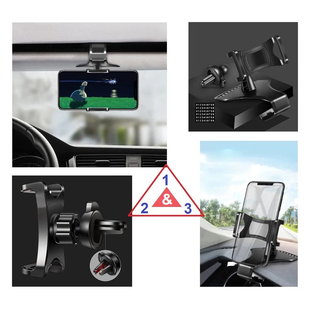 3 in 1 Car GPS Smartphone Holder: Dashboard / Visor Clamp   AC Grid Clip for BLU Energy X 2, E050L - Black