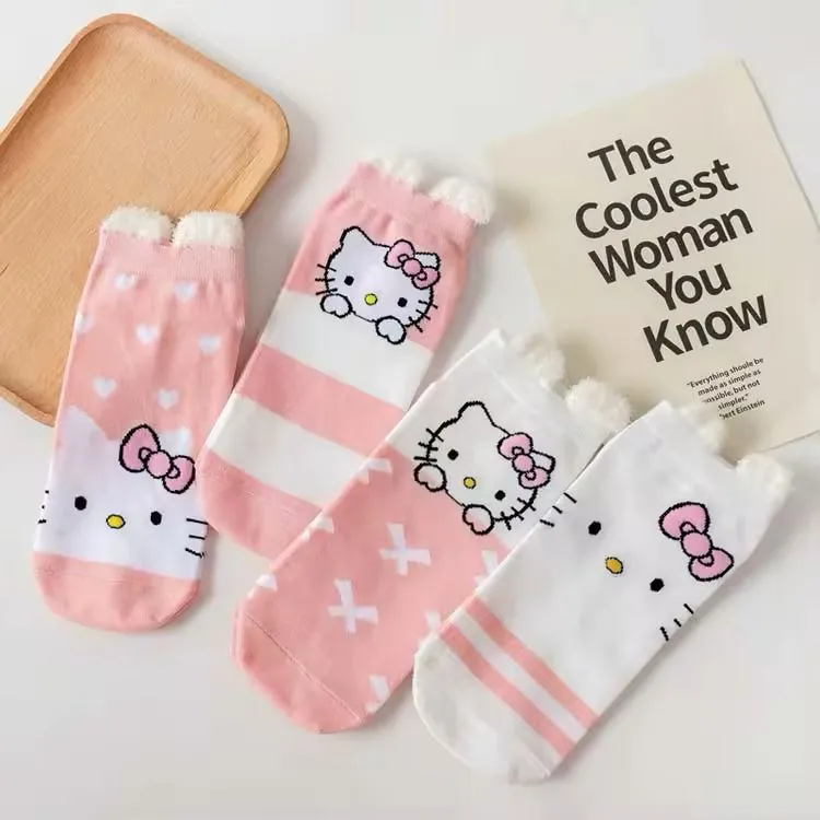 4 Pairs Socks for Women, Three-dimensional Ears, Cotton Socks, Short Tube, Children's Socks, Kawaii Pink Socks  S4856690