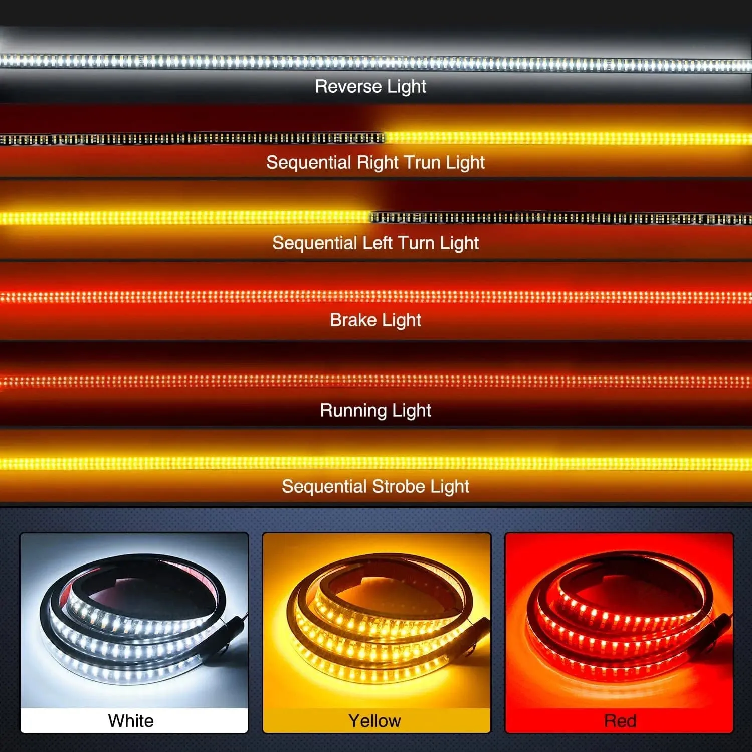 48 Inch 360Leds Red White Amber Triple Row LED Tailgate Light Strip