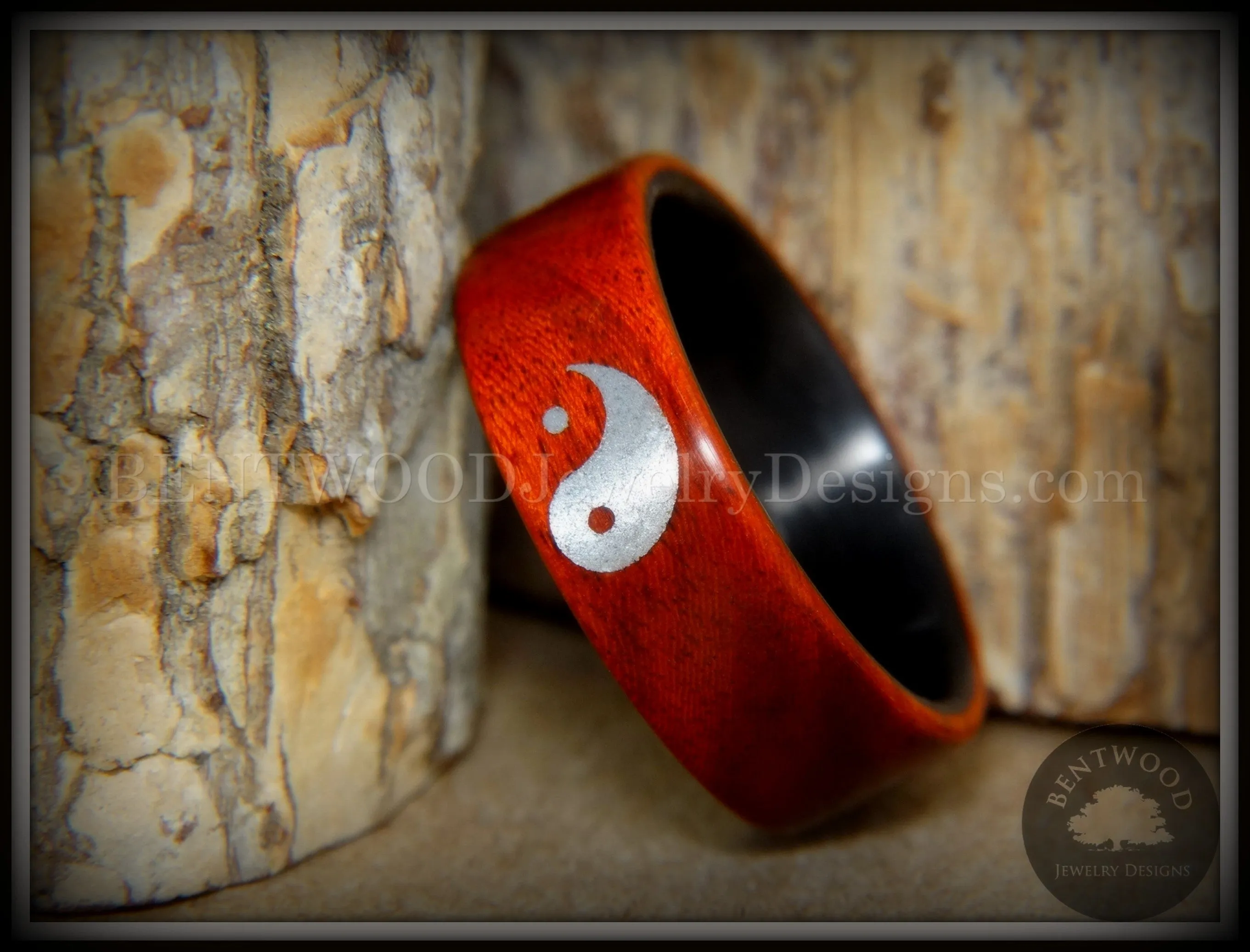 Bentwood Ring - "Yin Yang" Padauk on Carbon Fiber Core Silver Engraved Yin Yang