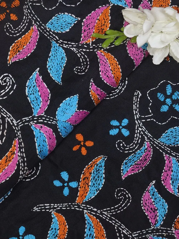 Black Hand Embroidered Kantha Silk Fabric ( 1 Mtr )