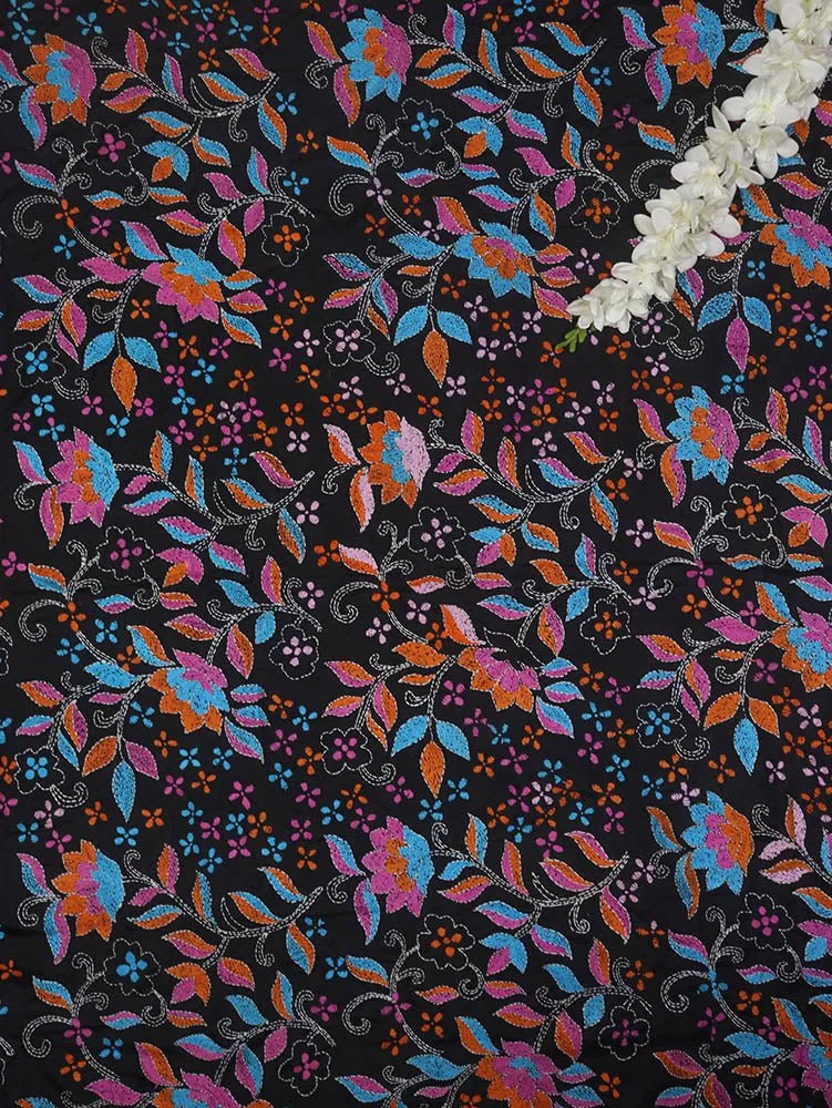 Black Hand Embroidered Kantha Silk Fabric ( 1 Mtr )