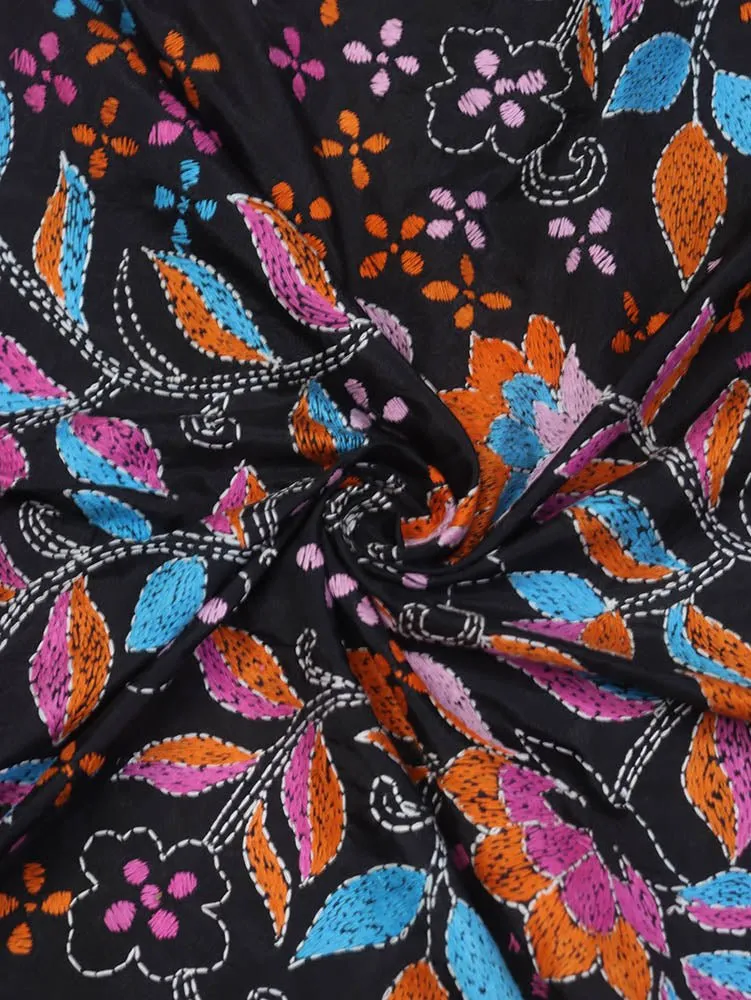 Black Hand Embroidered Kantha Silk Fabric ( 1 Mtr )