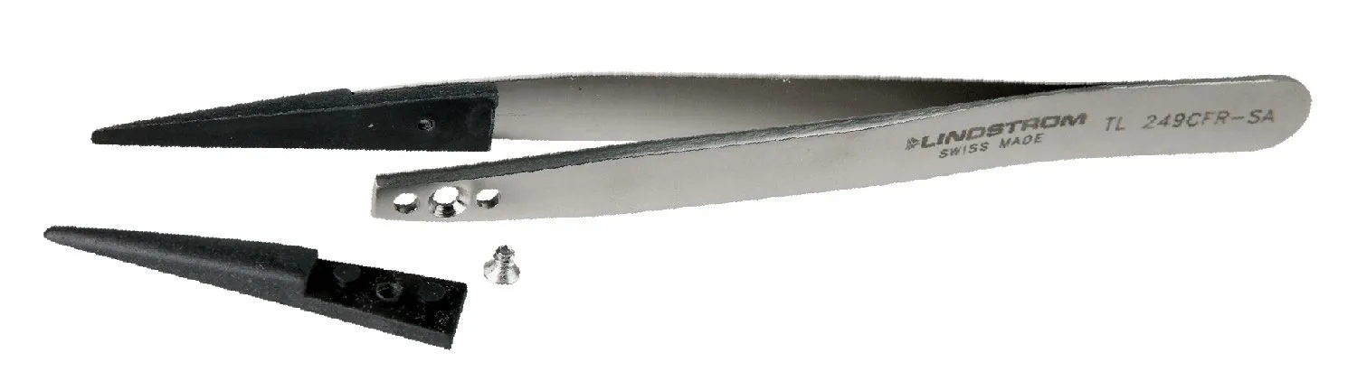 Lindstrom 7CFR-SA Precision ESD-Safe Stainless Steel Tweezer with Replaceable Curved, Fine, Pointed Carbon Fiber Tips